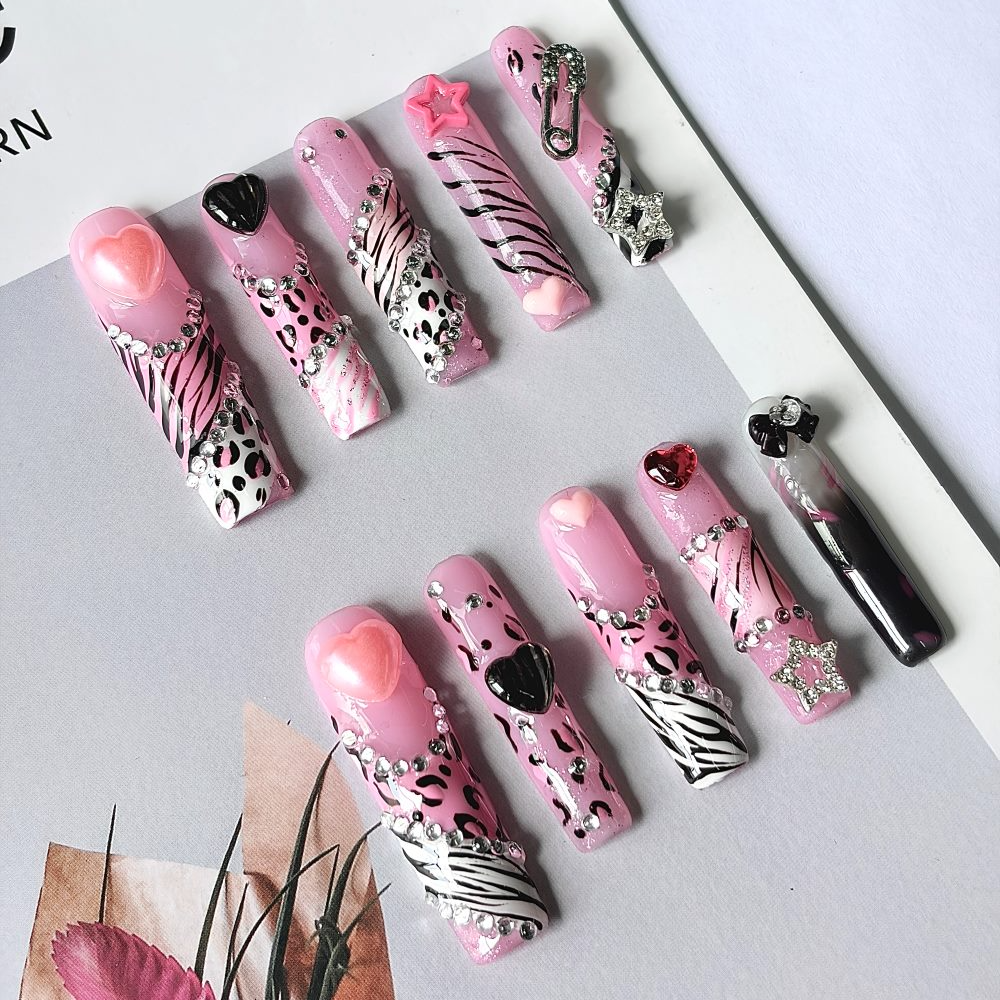 Nail Art Leopard - 3D Pink Black Heart Star Diamond