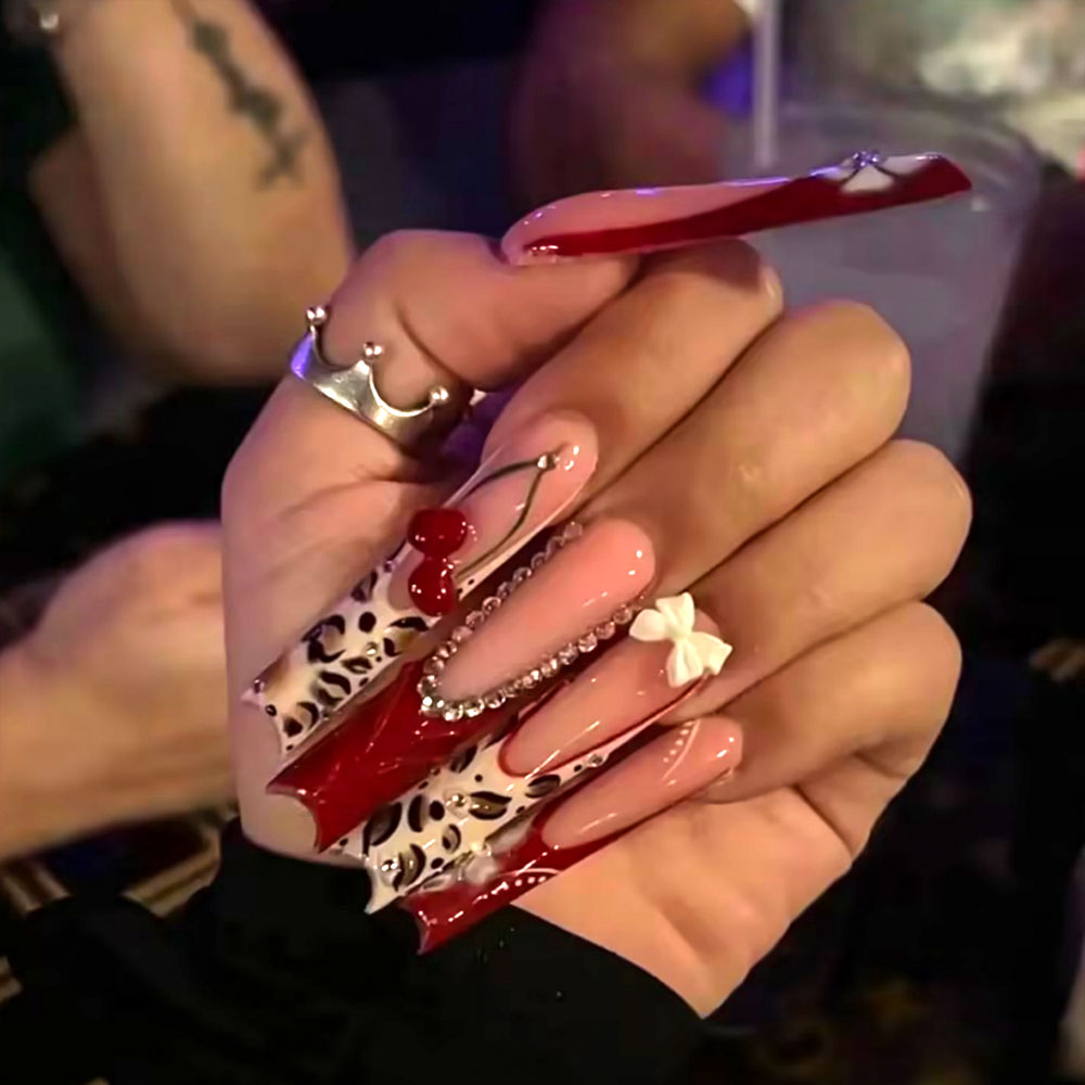 Nail Art Leopard - 24pcs Wearable Press on Nails Cherry