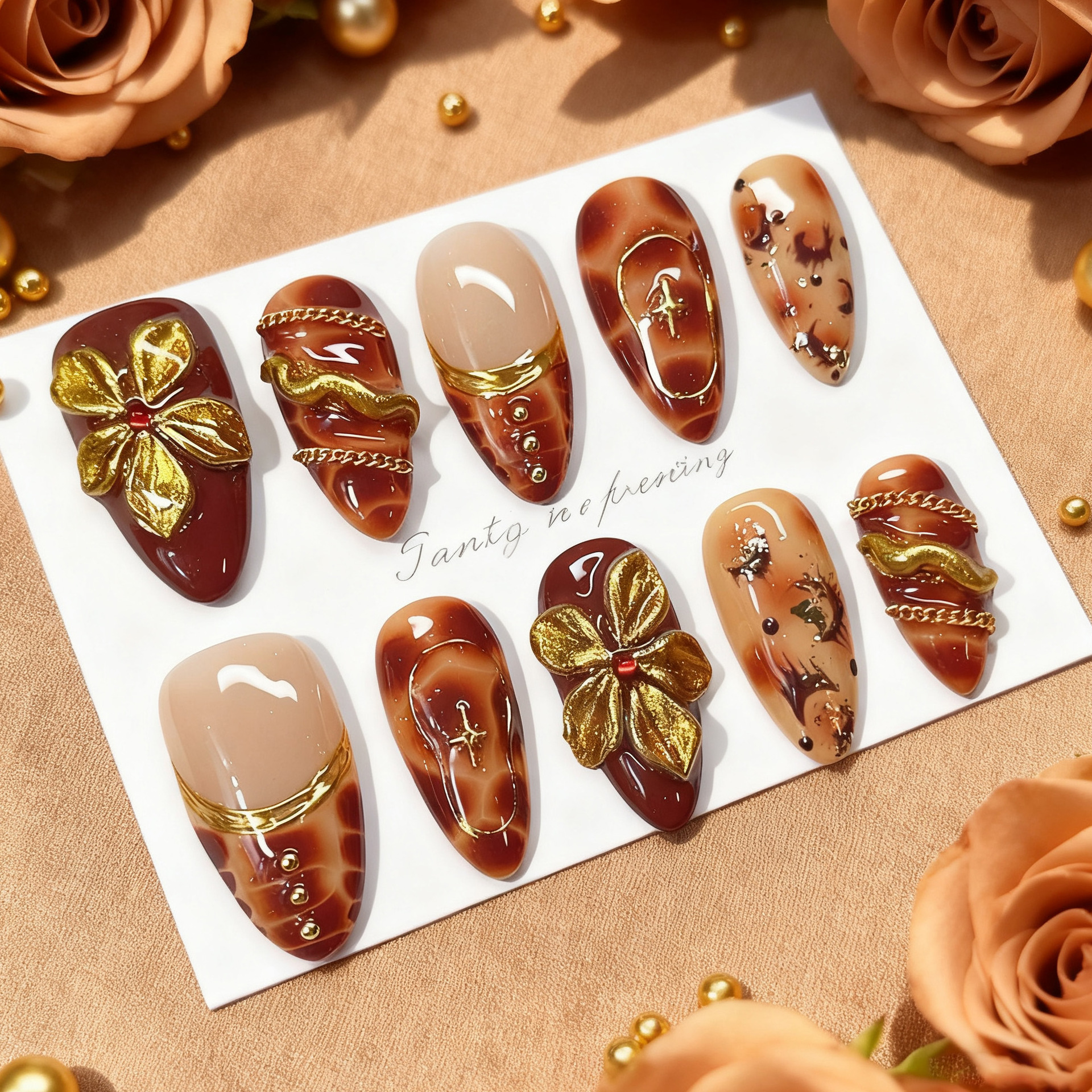 24pcs Flower False Nails Brown - đánh giá và giá Nail Art Leopard