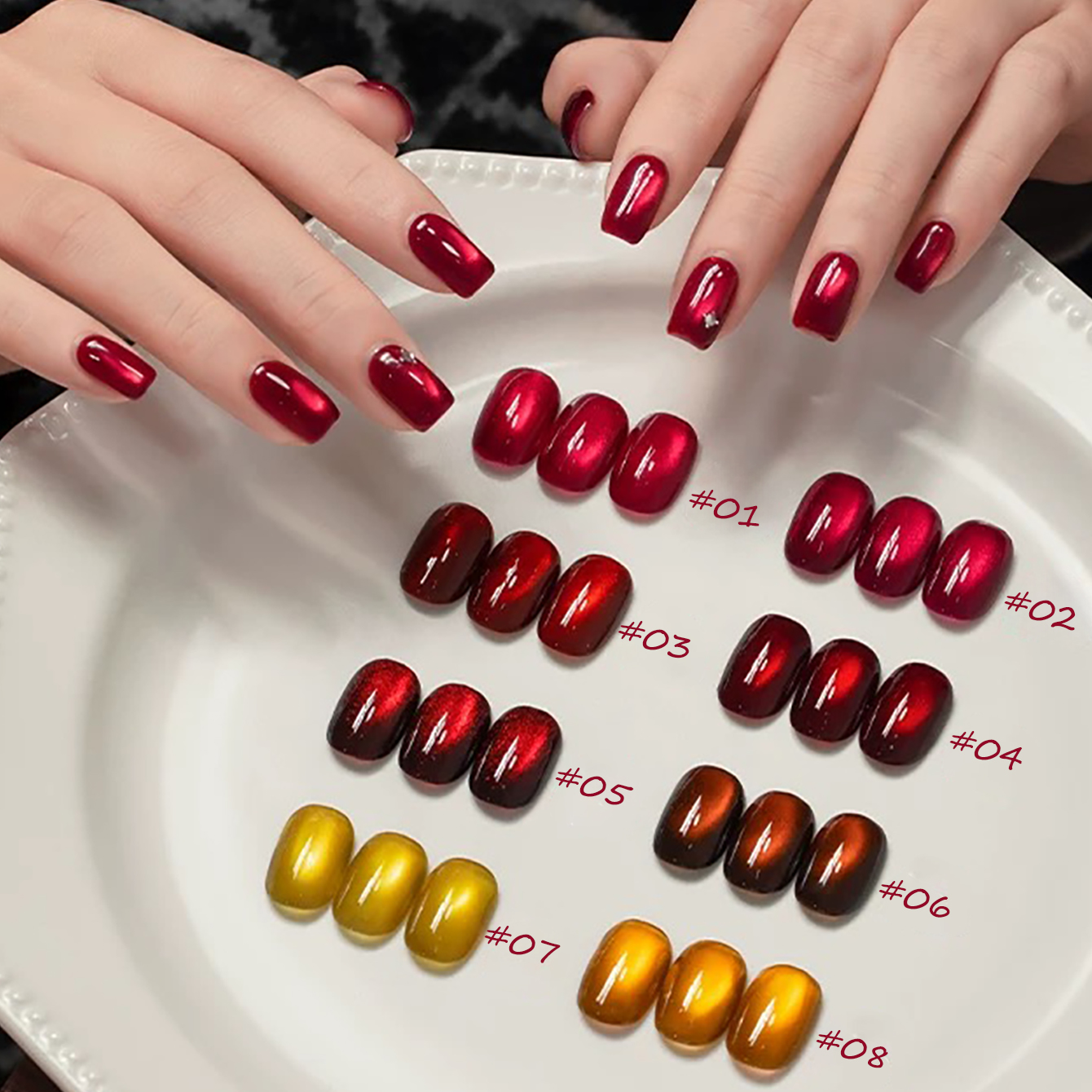 1-8pcs TC Yellow Nails Lucky R - đánh giá và giá Nail Art Red Wine Cat Eye