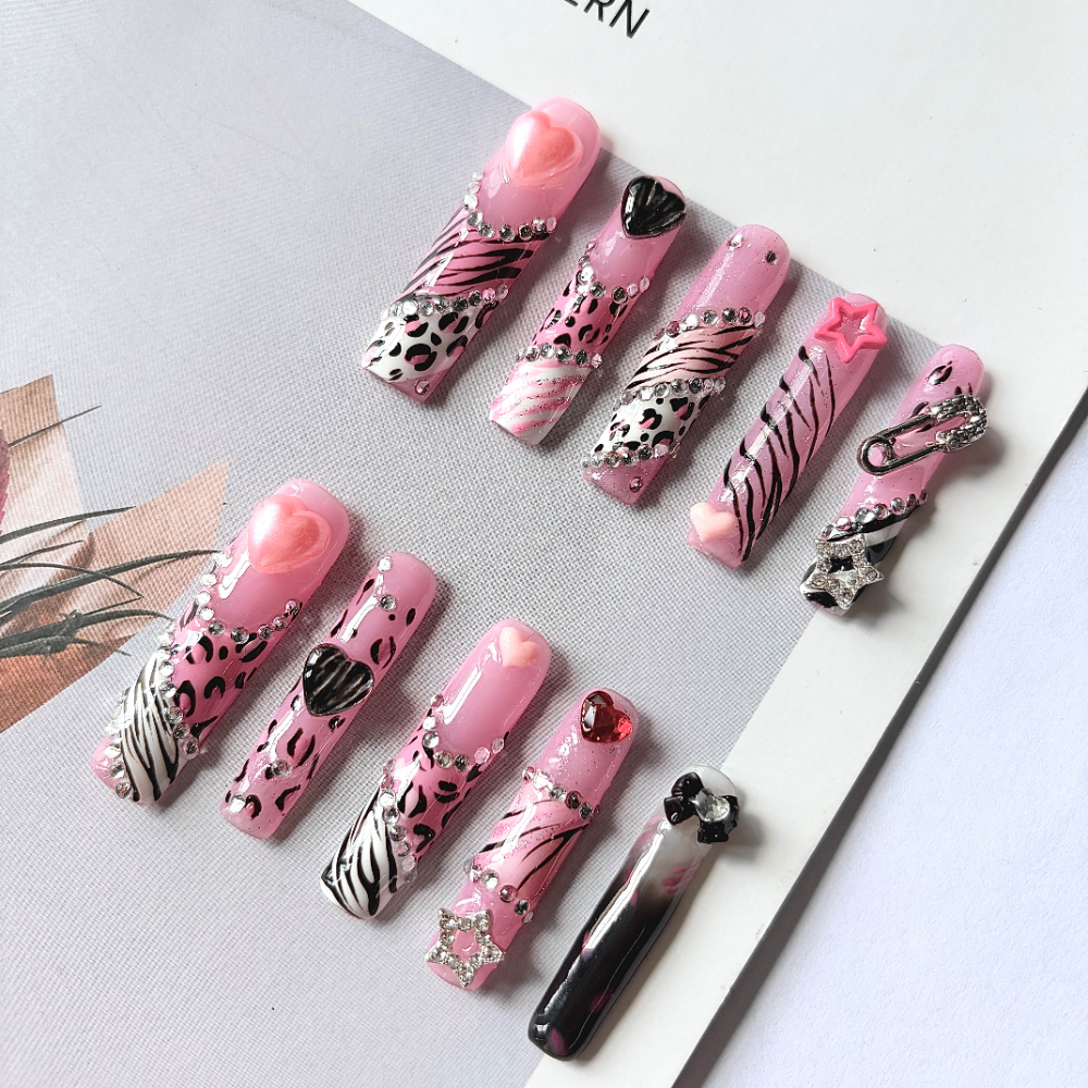 3D Pink Black Heart Star Diamo - đánh giá và giá Nail Art Leopard
