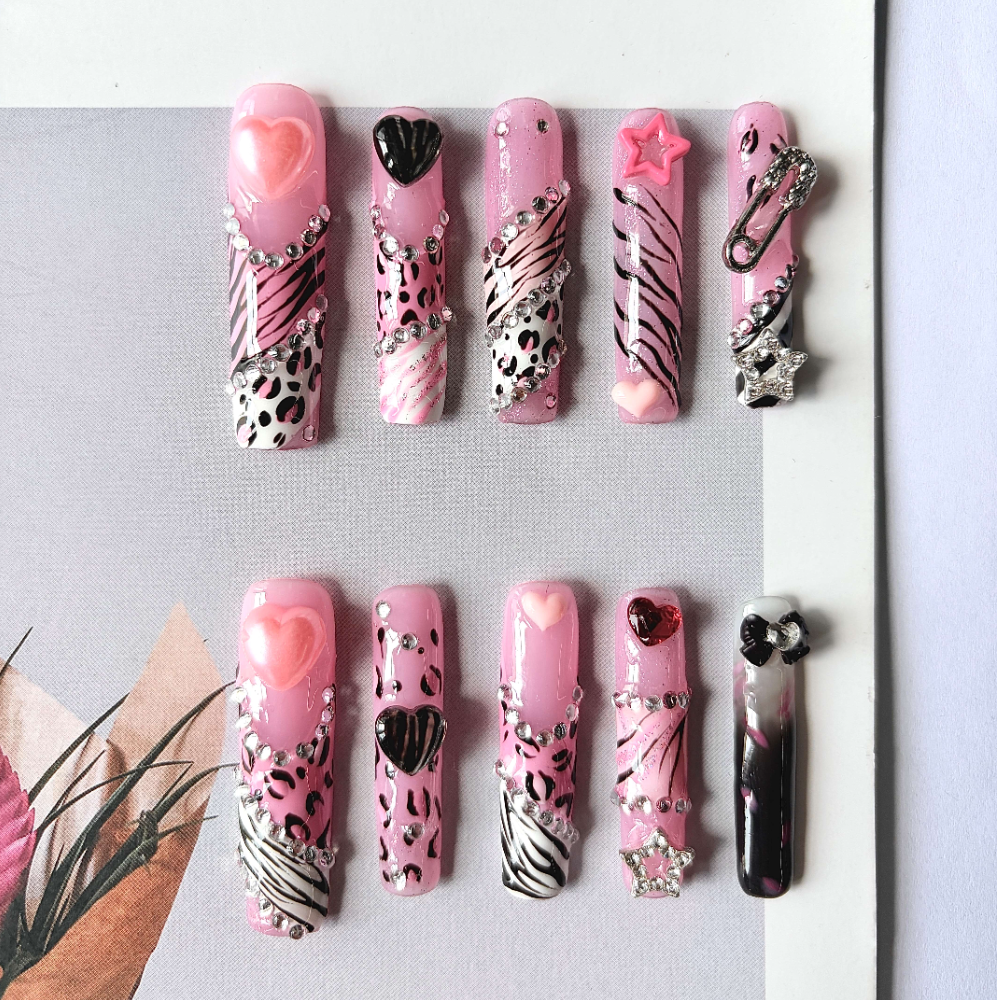 3D Pink Black Heart Star Diamo - đánh giá và giá Nail Art Leopard
