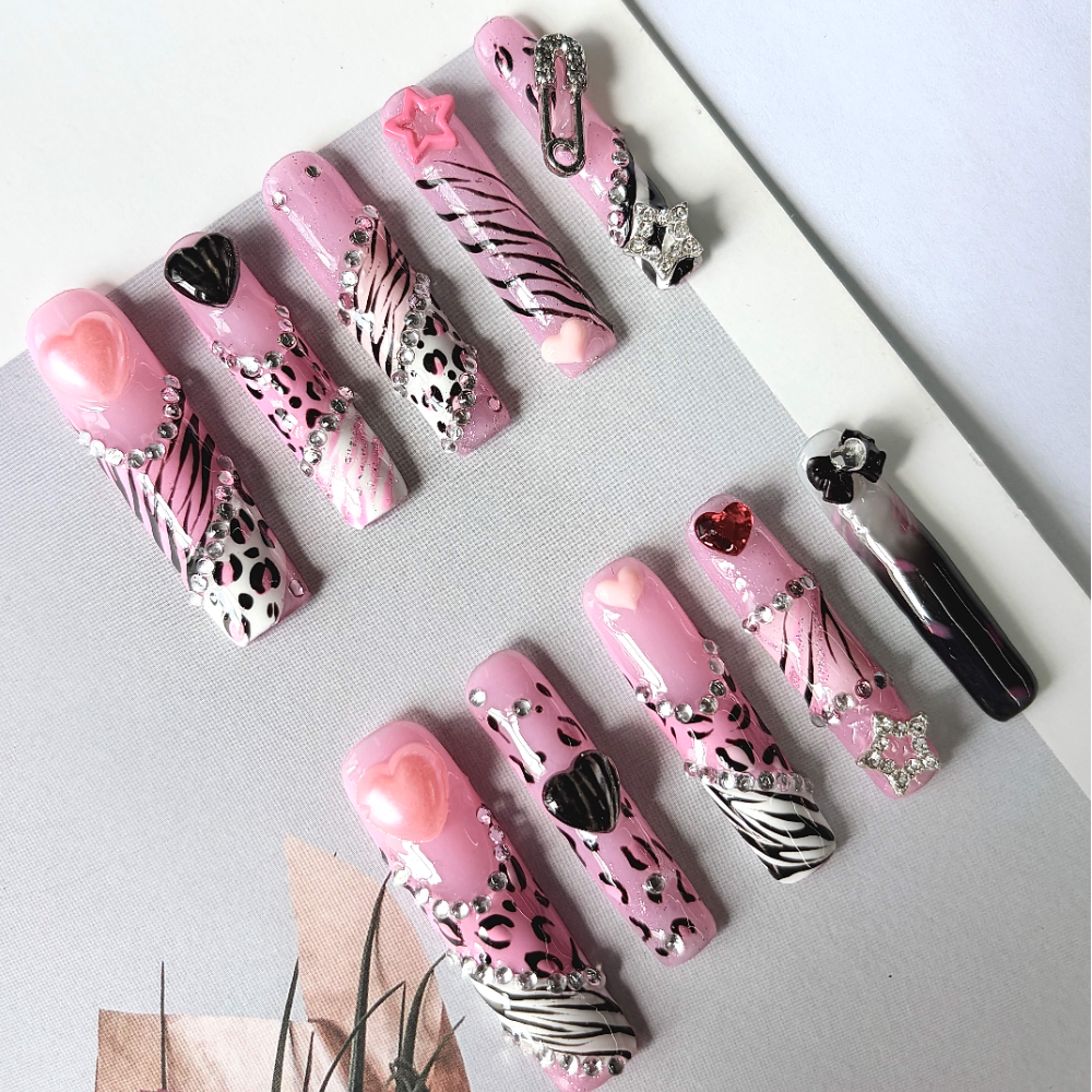 3D Pink Black Heart Star Diamo - đánh giá và giá Nail Art Leopard